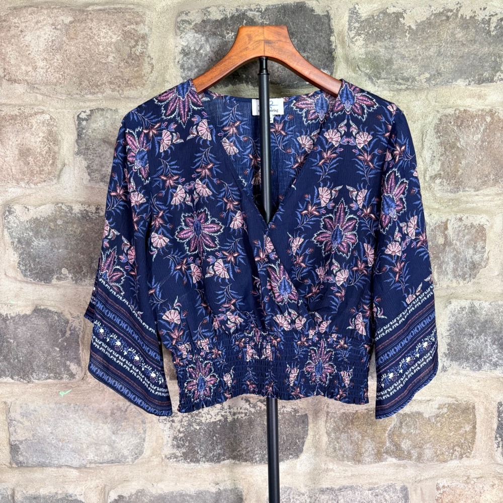 Twine & String Navy Floral Smocked Waist Bell Sleeve Blouse Medium Boho Cottage